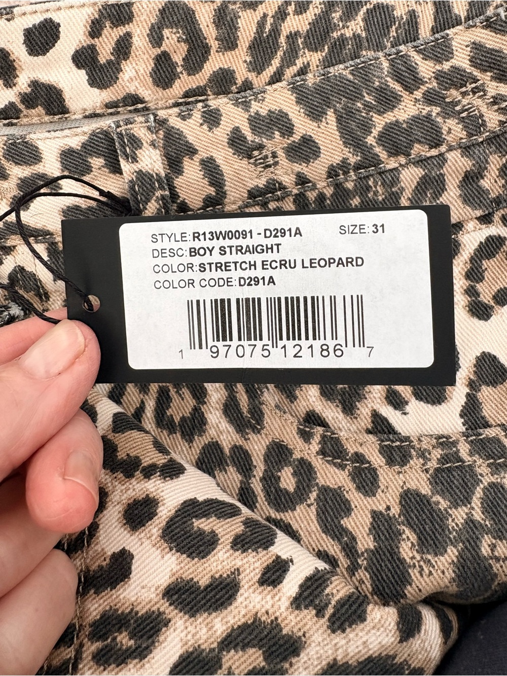 R13 NWT, Boy Straight, Ecru Leopard Stretch Cropped Jeans, Size 31 - Picture 7 of 12